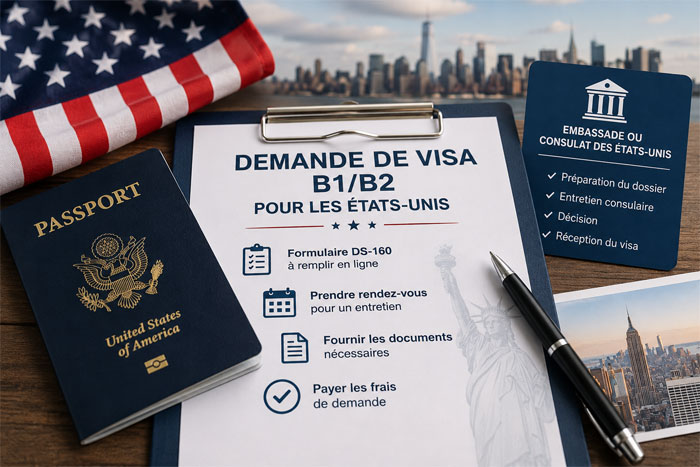 Demande de visa B1/B2 pour les États-Unis avec passeport américain et documents de voyage