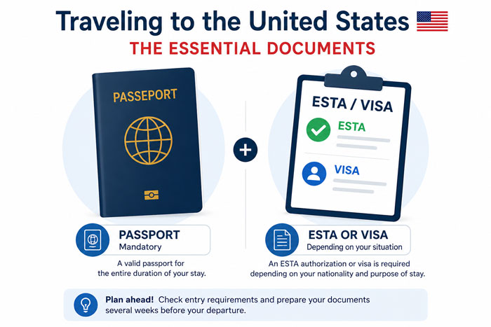 Essential documents for traveling to the United States: passport and ESTA authorization or visa