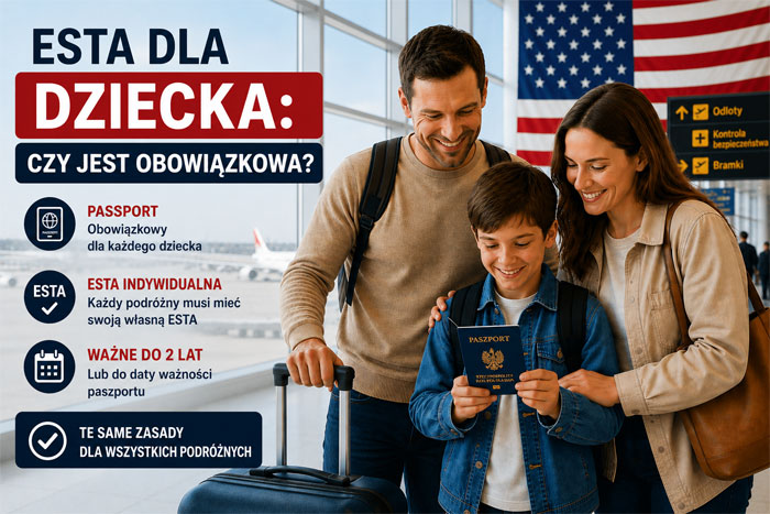 Dziecko podróżujące do Stanów Zjednoczonych z paszportem i obowiązkowym zezwoleniem ESTA dla osób niepełnoletnich
