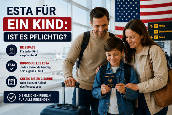 Kind reist mit Reisepass und ESTA-Genehmigung in die Vereinigten Staaten – für Minderjährige verpflichtend