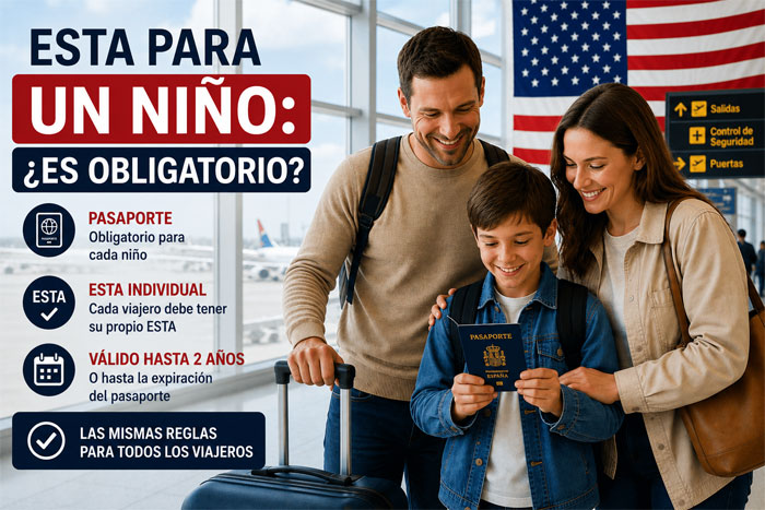 Niño que viaja a Estados Unidos con pasaporte y autorización ESTA obligatoria para los menores