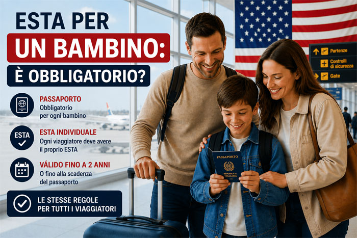 Bambino che viaggia negli Stati Uniti con un passaporto e un'autorizzazione ESTA obbligatoria per i minori