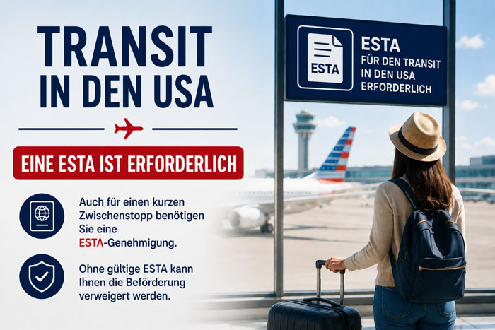 Reisende im Transit in den Vereinigten Staaten mit Hinweis auf die Pflicht, ein gültiges ESTA zu besitzen