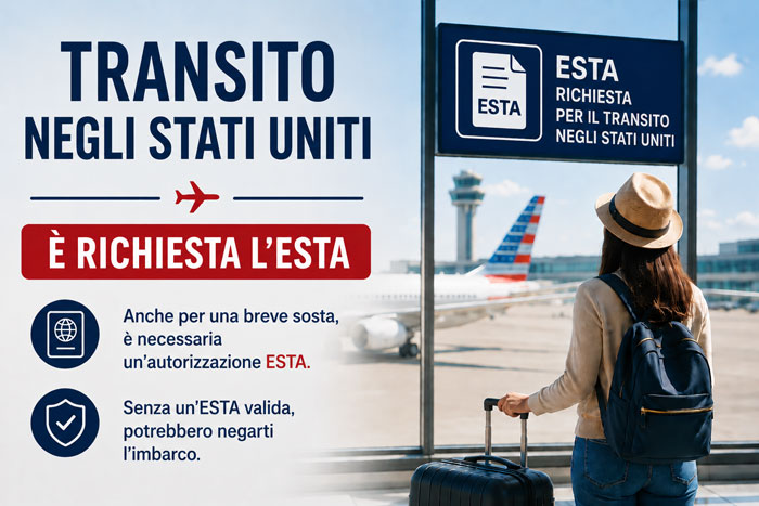 Viaggiatrice in transito negli Stati Uniti con promemoria dell'obbligo di possedere un ESTA valido