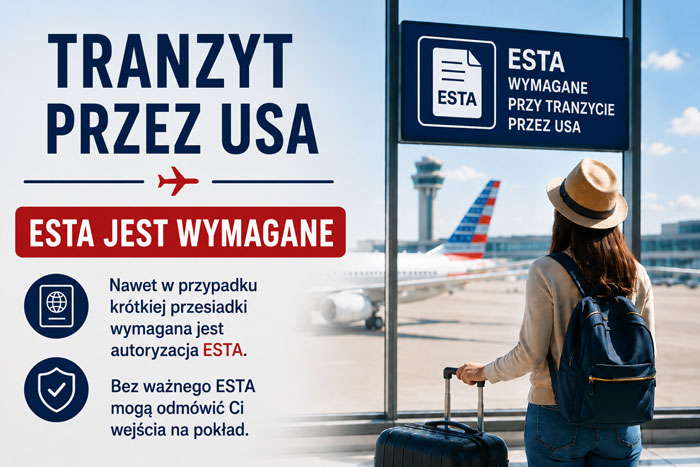 Podróżna w tranzycie w Stanach Zjednoczonych z przypomnieniem o obowiązku posiadania ważnej ESTA