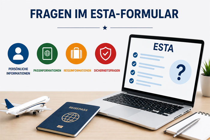 Fragen des ESTA-Formulars: persönliche Angaben, Reisepass, Reise und Sicherheit