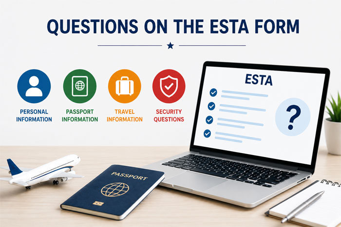 ESTA form questions: personal information, passport, travel, and security