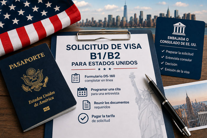 Solicitud de visa B1/B2 para Estados Unidos con pasaporte estadounidense y documentos de viaje