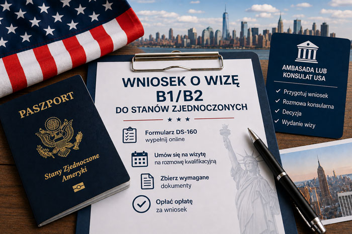 Wniosek o wizę B1/B2 do Stanów Zjednoczonych z amerykańskim paszportem i dokumentami podróży