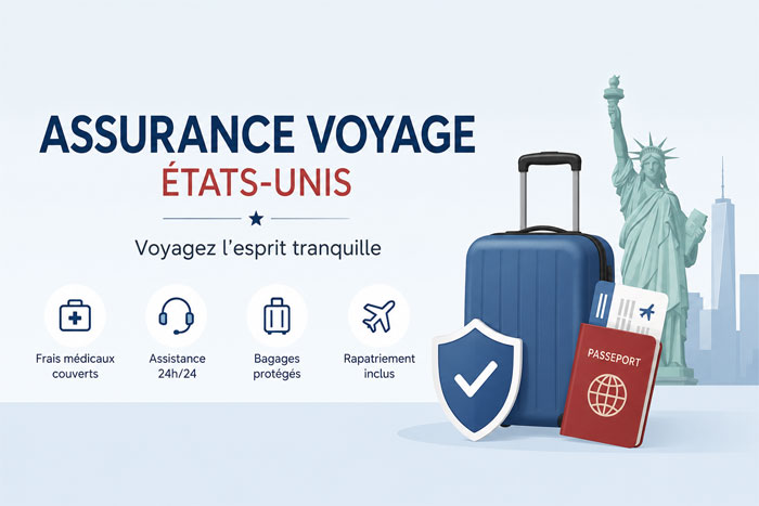 Assurance voyage États-Unis avant un départ avec passeport et valise